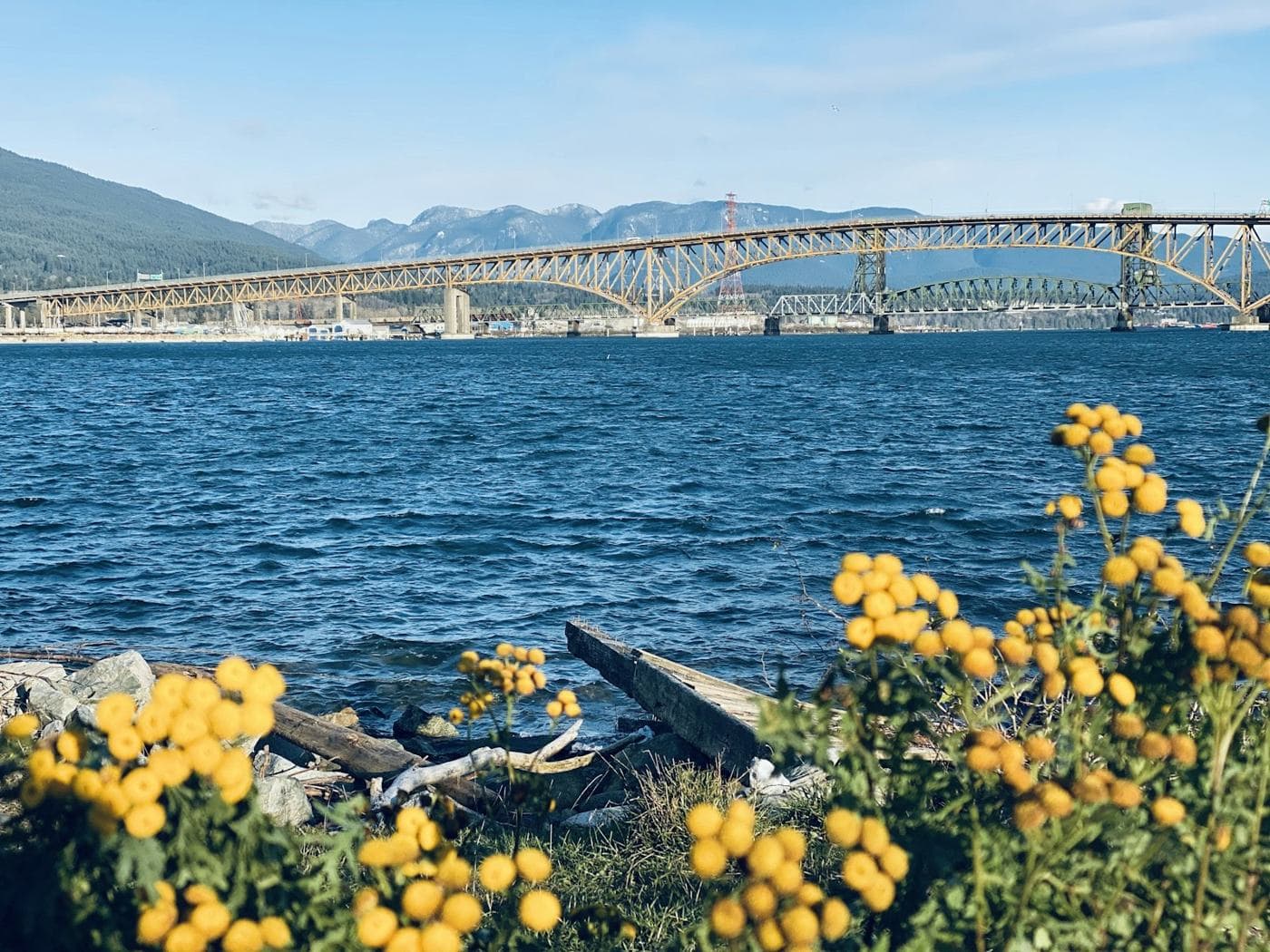 The Second Narrows bridge seen from the East Vancouver shoreline